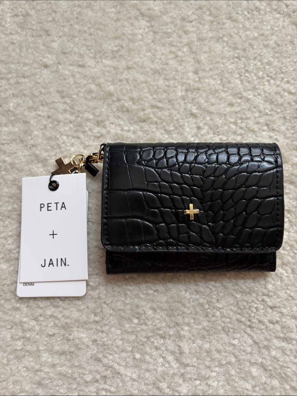 Peta + Jain Black Croc-Embossed Mini Wallet with Gold Cross Charm